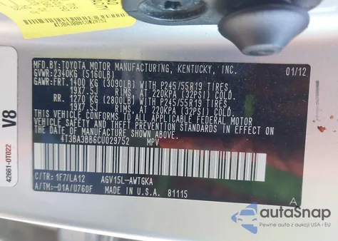 2012 Toyota Venza Xle z USA, uszkodzony, nr VIN 4T3BA3BB6CU029752